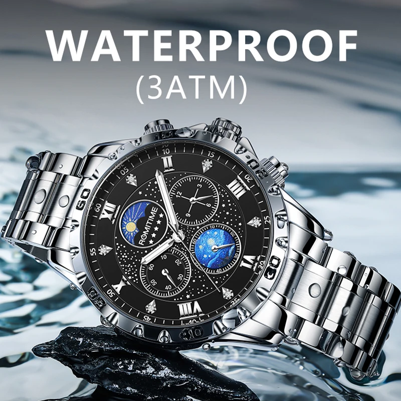 ROMITIME 남성용 럭셔리 시계 다기능 쿼츠 크로노 그래프 레저 빛나는 방수 프리미엄 손목 시계 남성용 선물