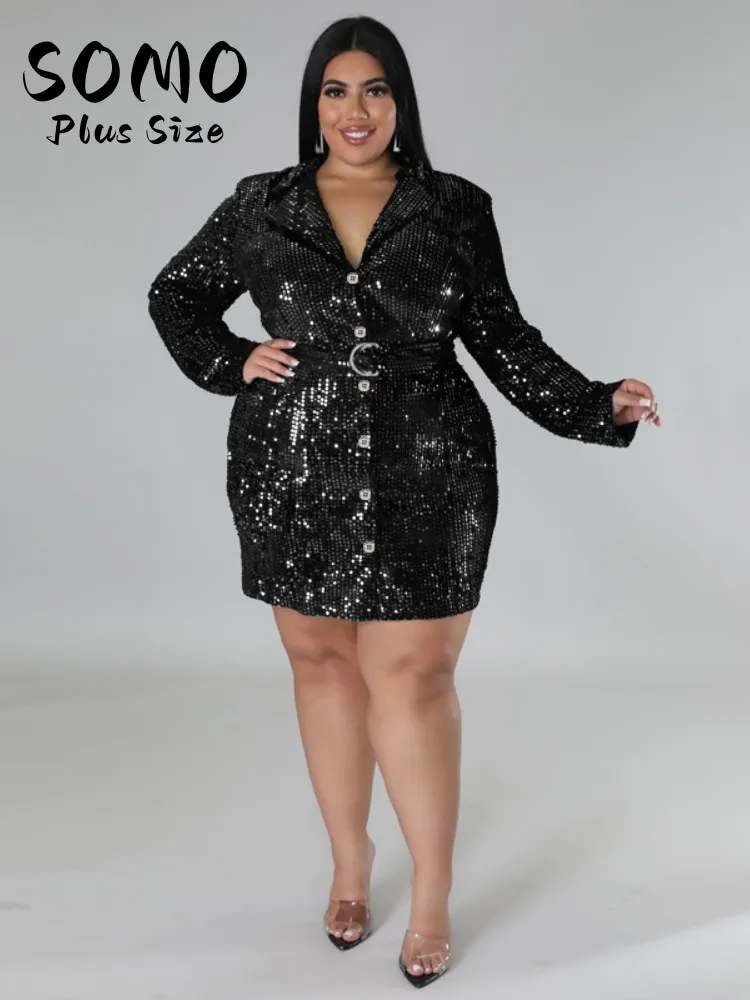 SOMO Women Plus Size Sequine Suit Jacket Dress Long Sleeve Single Breasted Blazers with Belt 2023 V-neck Cropp Slim Dropshipping