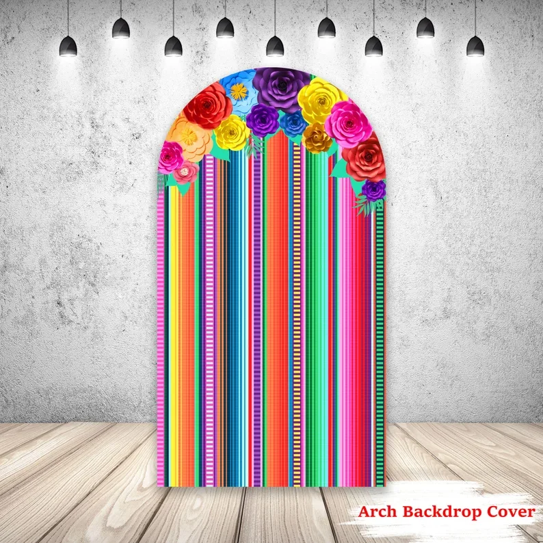 

Mehofond Mexican Rug Stripes Flower Arch Cover Backdrop Fiesta Cinco De Mayo Party Round Top Background Decor Photo Studio Prop