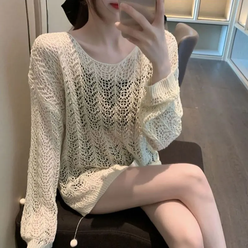 Women's O-Neck Long Sleeve Knitwear, Casual Loose Tops, Hollow Out, Solid Color, Simplicity, Fashionable Clothes, Summer