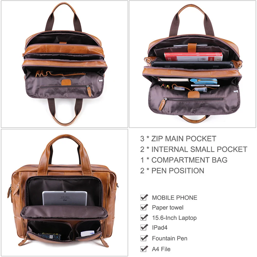 Maleta de couro genuíno para homens, bolsa de negócios, ombro para documentos, grande capacidade, viagem, mensageiro, laptop, 17"