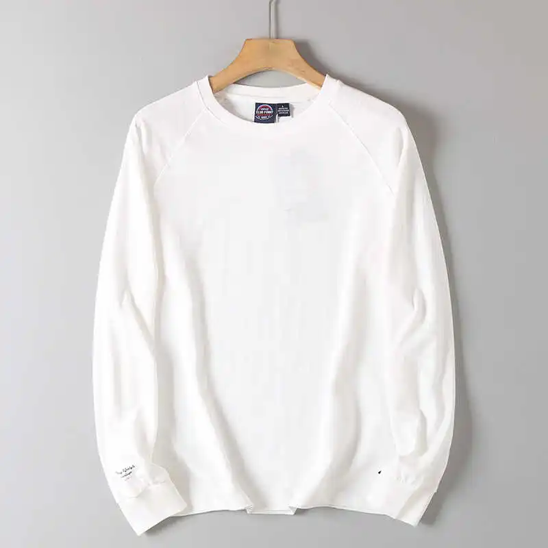 

Autumn New American Retro 230g Long Sleeve O-neck Solid Color T-shirt Men's Simple 100% Slub Cotton Washed Casual Loose Tops