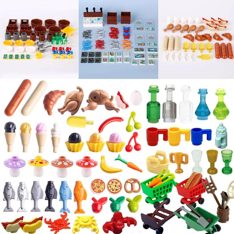 MOC City Food Building Blocks Mini Accessories Shopping Cart Apple Fish Hot Dog Ice Cream Chicken Pizza Figures Bricks Kit Toy