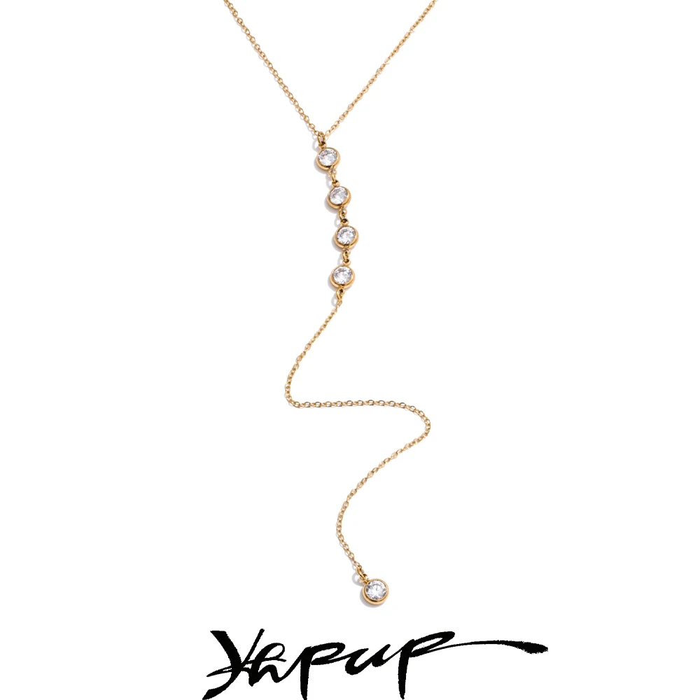 Yhpup Delicate Cubic Zirconia Round Y Chain Long Drop Necklace for Women Stainless Steel Summer 2025 Jewelry Tarnish Resistant