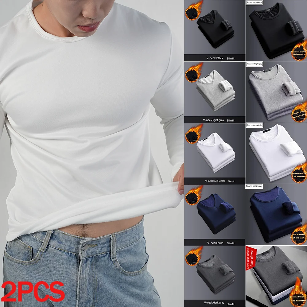 

2 шт., мужское термобелье, зимние базовые рубашки с длинными рукавами, верхняя часть на флисовой подкладке с v-образным вырезом и круглым вырезом, мужские теплые майки