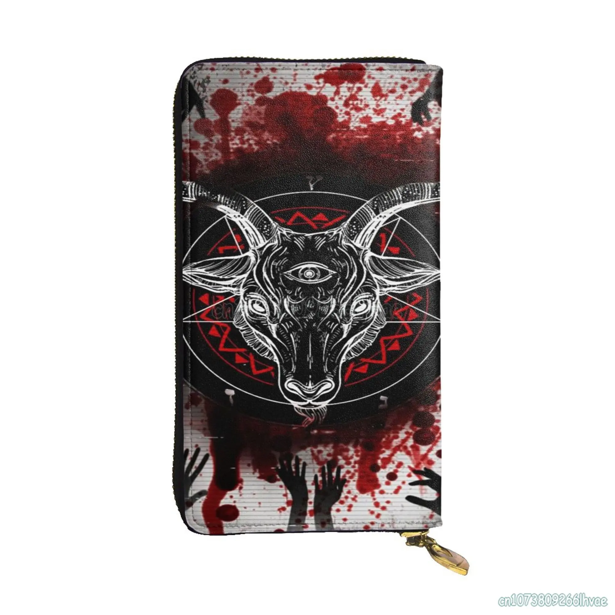 Pentagramma con Demon Baphomet testa di capra satanica pochette in pelle di vacchetta stampa portafoglio lungo portamonete da donna con cerniera