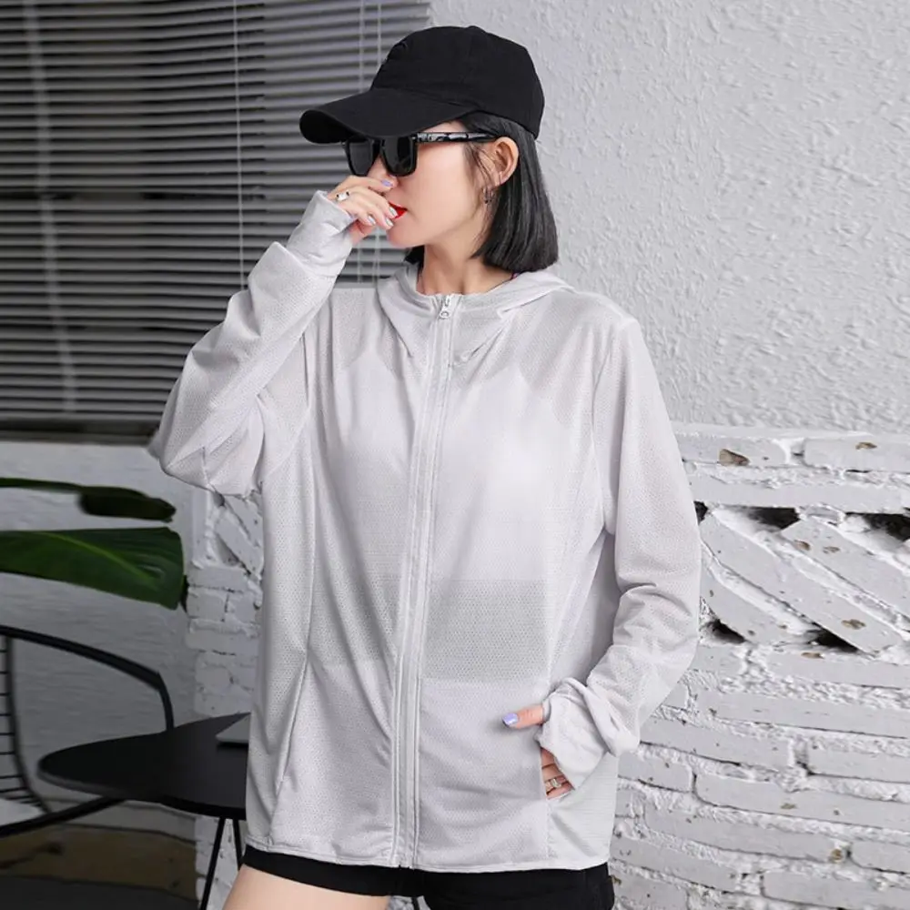 Solid Color Women Sunscreen Hoodie Breathable Ice Silk UV Protection Shirt Long-sleeved Outdoor Sports Sun Protection Clothing