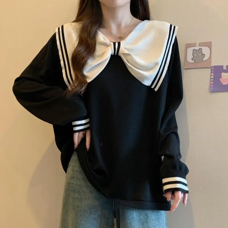 Female Clothing Sailor Collar Sweatshirts Stylish Bow Spring Autumn Long Sleeve Commute Loose Casual Spliced All-match Pullovers