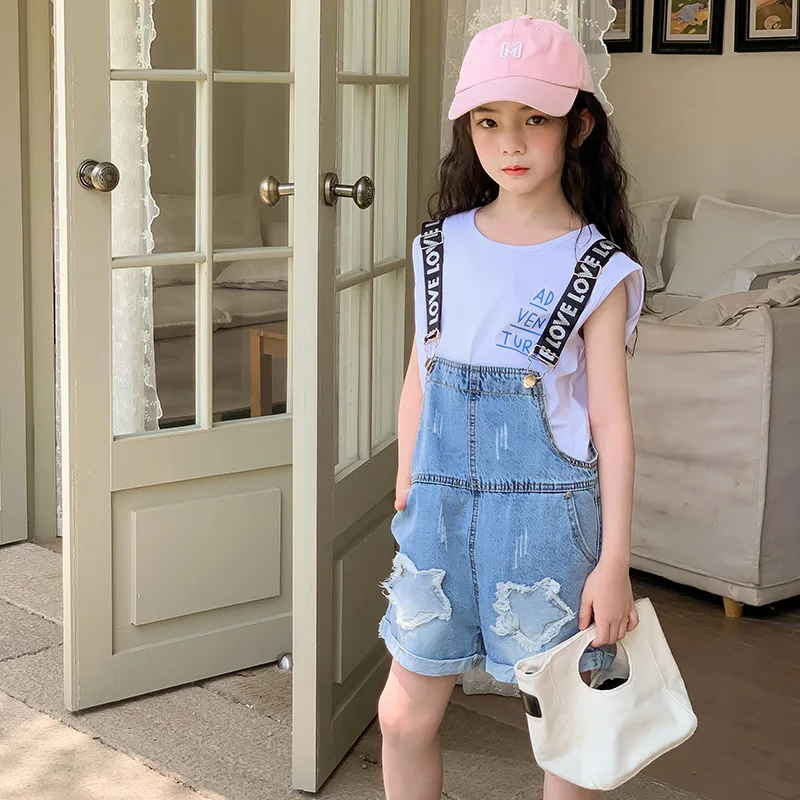 

2024 Korean Summer School Girl Clothing Set Teenager Girl Casual Sweat Short Sleeve+Denim Suspender Shorts Students Clothes Sets