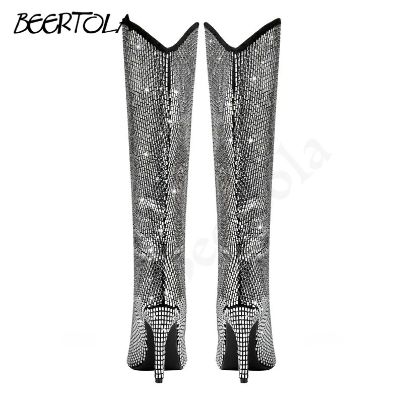 Pointed Toe Full Diamond Luxury Boots Rhinestone Stiletto Fashion Large Size Suede Boots High Heel Women's Knee-High Boots