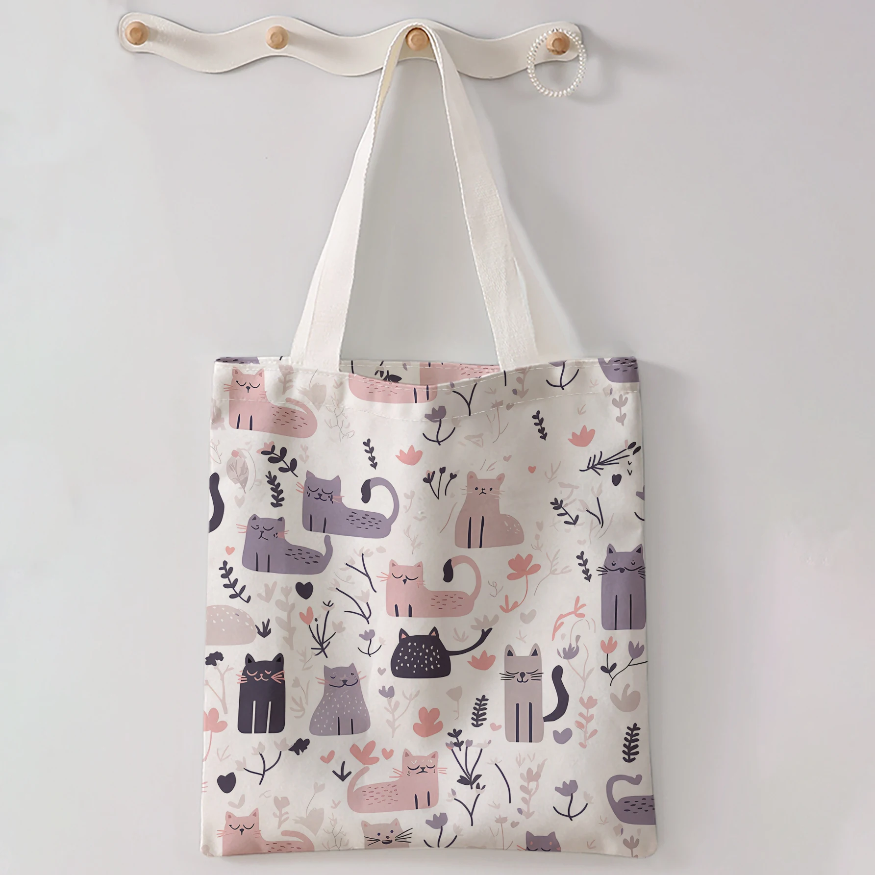 Pink Purple Cartoon Cat Floral Heart Print Tote Bag Large Capacity Shoulder Bag For Shopping Travel Daily Use