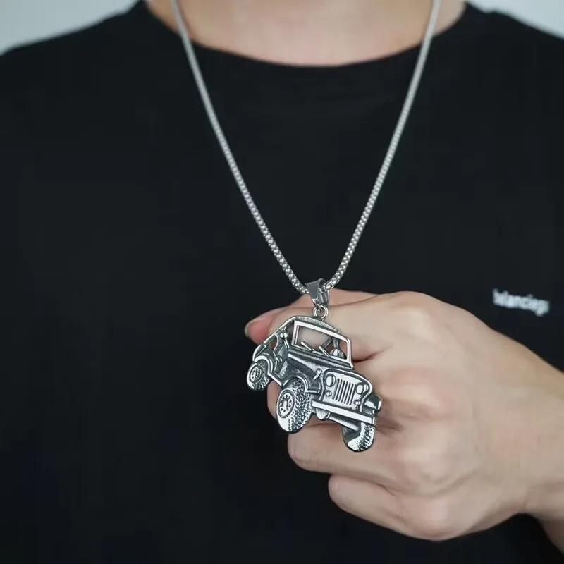 New Retro Silver Color Stainless Steel SUV Jeep Pendant Necklace Mens Driver  Fashion Jewelry off-road vehicle Necklace Rock Coo