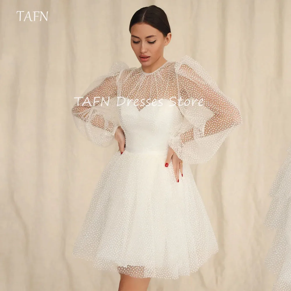 

TAFN Dots Tulle A-Line Short Wedding Party Dresses Long Puff Sleeves Mini Prom Gowns Bride Evening Dress Rehearsal Dinner Dress