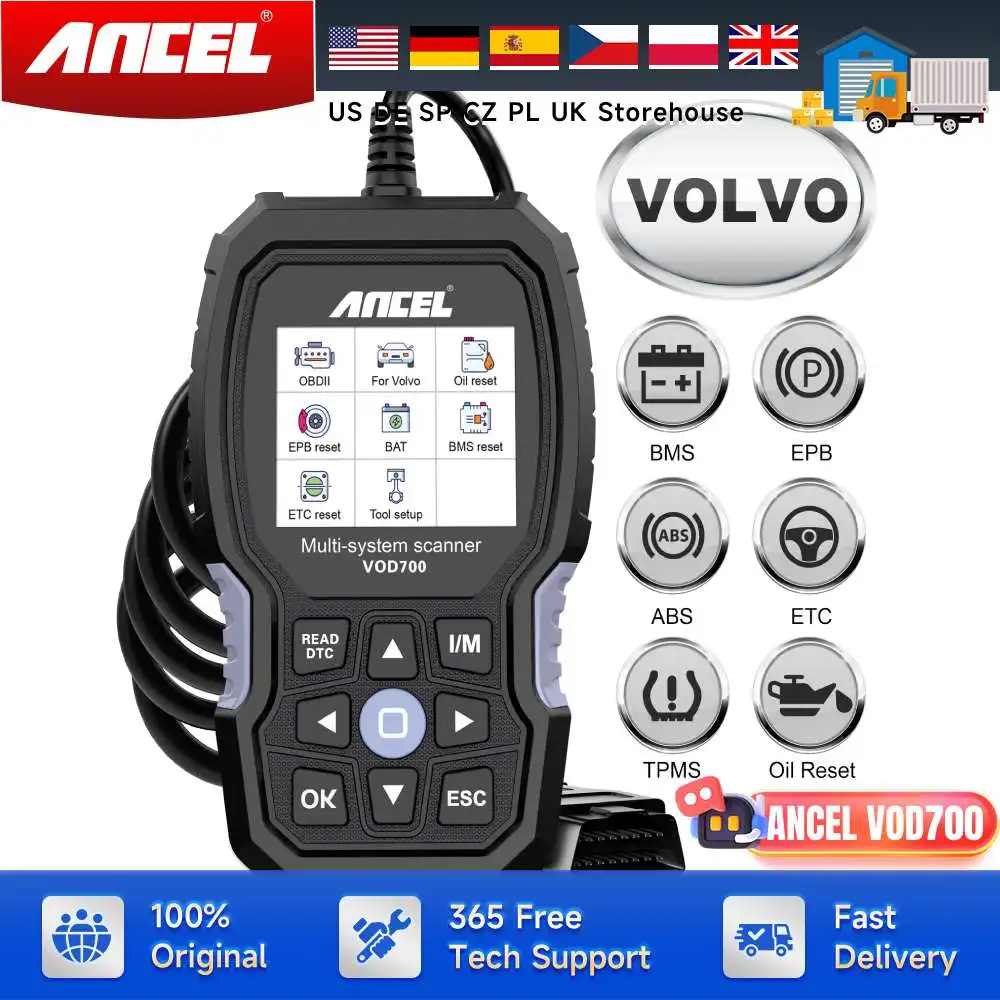 ANCEL VOD700 OBD2 Automotive Scanner for Volvo All System Car Code Reader ABS Oil BMS EPB TPMS DPF Reset  Diagnostic Scan Tool