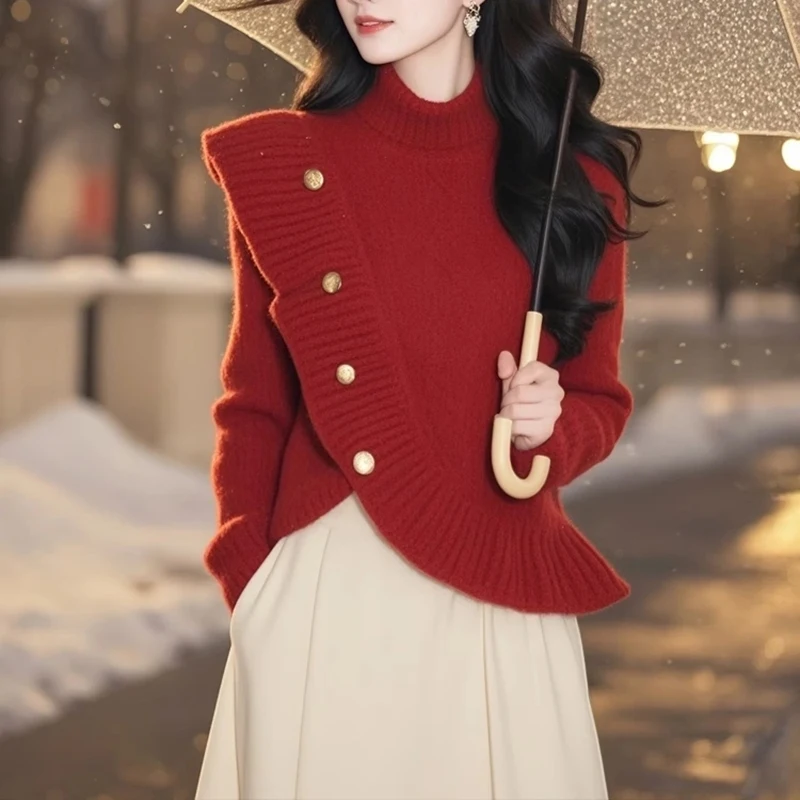 

Red Turtleneck Sweater Women's Autumn Winter2025 Fashion Outer Wear Commuting Design Ruffled Stitching lady Knitwear Sweater Top