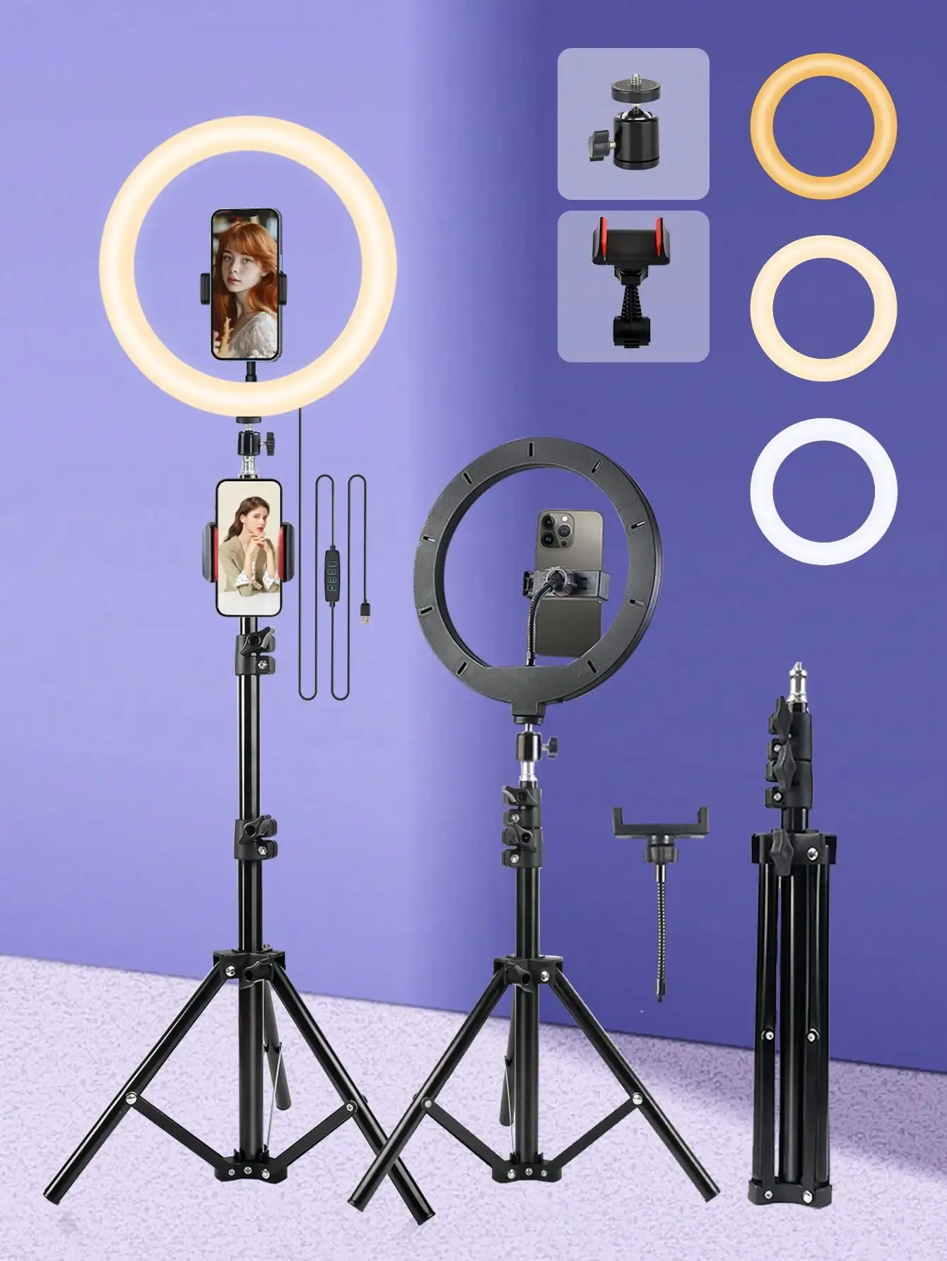 Aro de luz de 10 pulgadas con soporte, trípode de altura ajustable de 43.5 pulgadas/110 cm, incluye dos soportes para teléfono, 3 modos de color para aro de luz para selfies con trípode, atenuación continua/velocidad ajustable, aro de luz LED. Es perfecto para maquillaje y grabación de video.