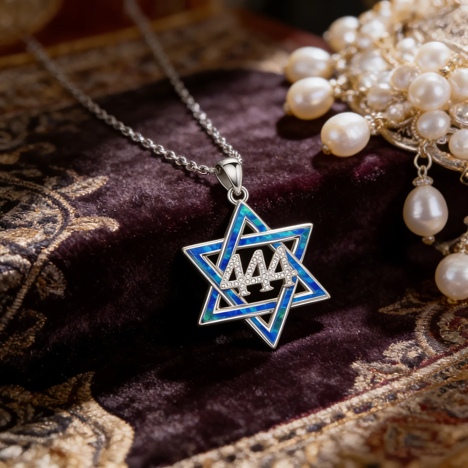 444 Angel Number Star of David Pendant Spiritual Protection Jewelry,Blue Opal Inlay,Cubic Zirconia,Men & Women’s Faith Necklace view 3