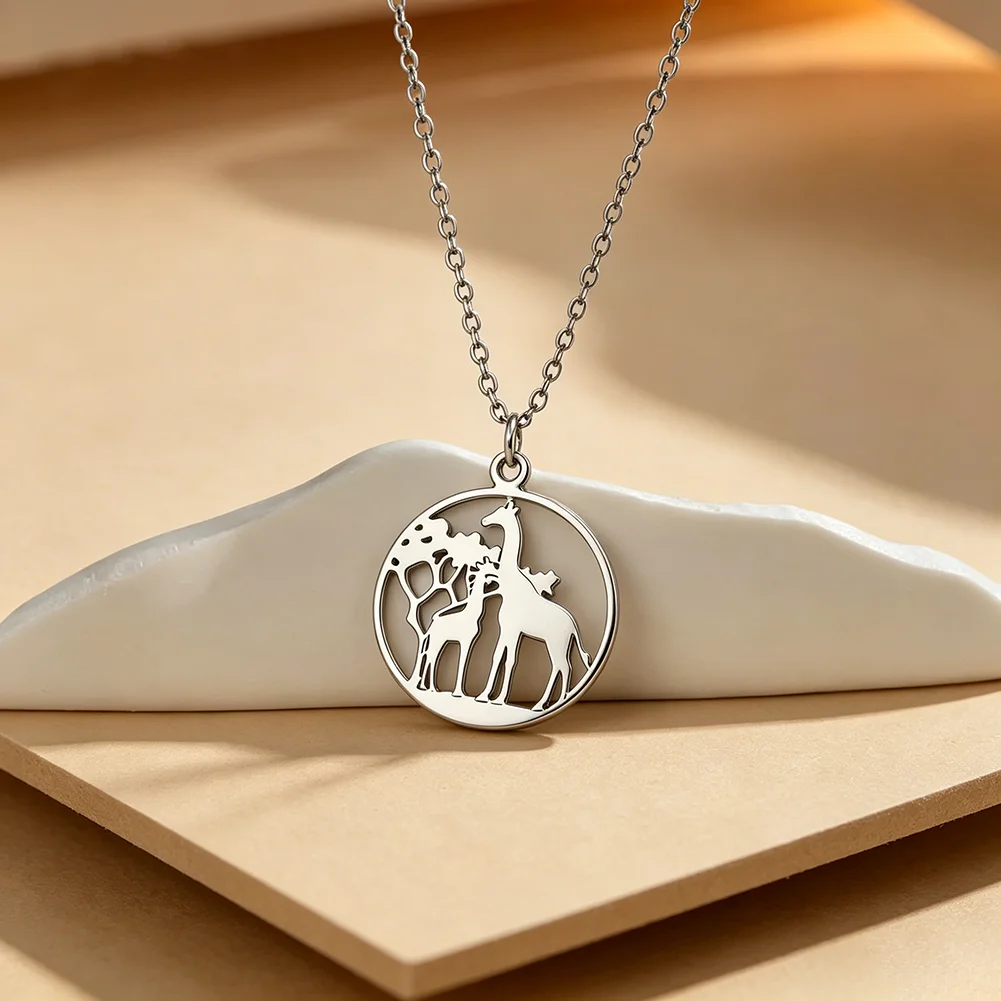 Giraffe Necklace Tree of Life Family Love Stainless Steel Pendant Necklace Jewelry Birthday Gifts for Women Mother
