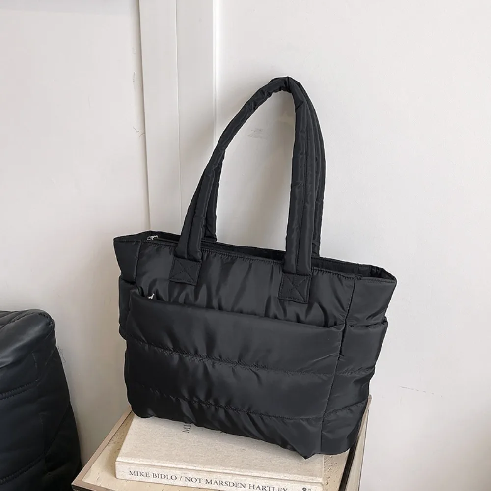 

Trendy Large Capacity Cotton Padded Tote Bag Zipper Simple Commute Briefcase Handbag Soft Puffy Laptop Bag Unisex