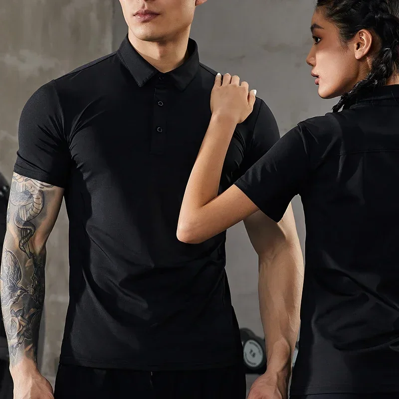 

Summer Men Casual Stretch T-Shirt Gym Muscle Fit Shirt Sports Outdoor Quick Dry Ice Silk Short Sleeve Golf Lapel Tee Solid Color