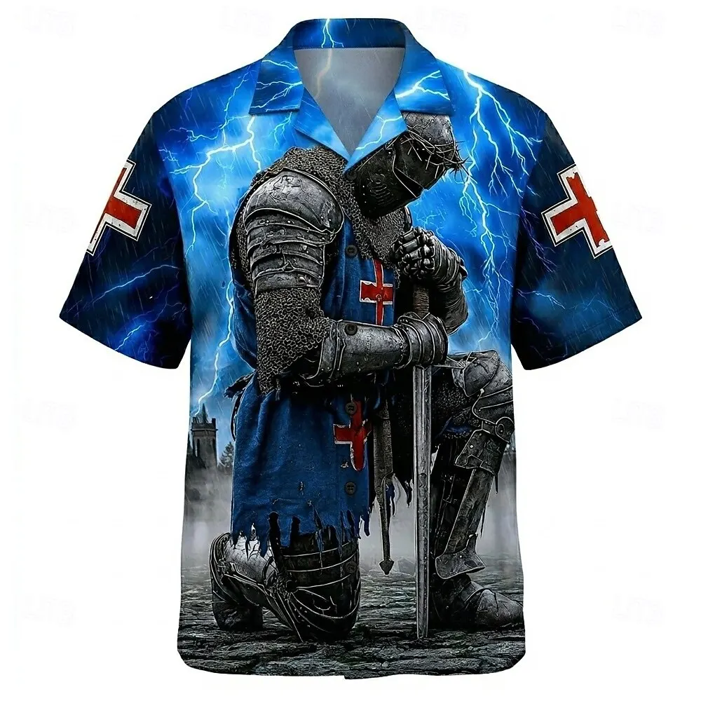 

Men's Knights Templar Lightning Cross Print Short Sleeve Shirt 3D Print Button Up Streetwear Outfit for Holiday Spring Summer