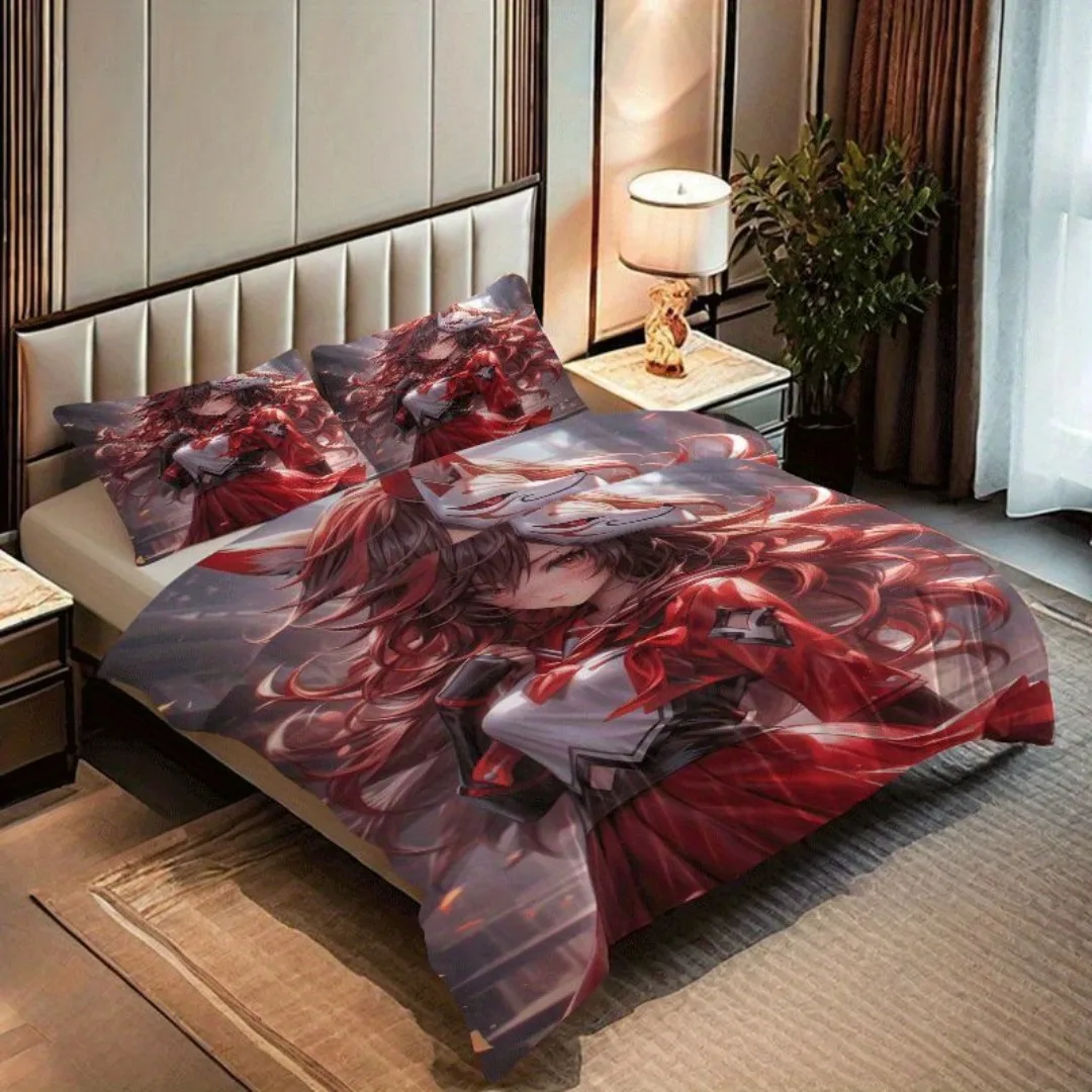 طقم غطاء لحاف مطبوع عليه رسوم متحركة Firefox Girl مكون من 2/3 قطعة، مجموعة غطاء لحاف تحتوي على غطاء لحاف وغطاء وسادة - مثالي لغرفة النوم،