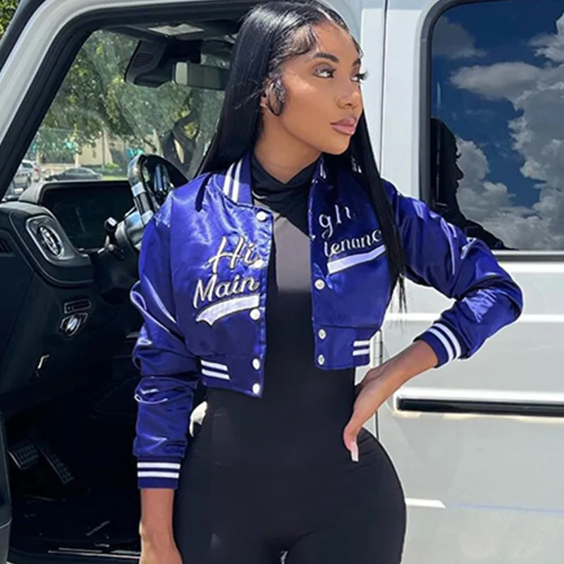 

Women Casual O-neck Letter Embroidery Short Baseball Jacket Slim Vintage Cropped Coat Ladies Classic streetwear Clothing