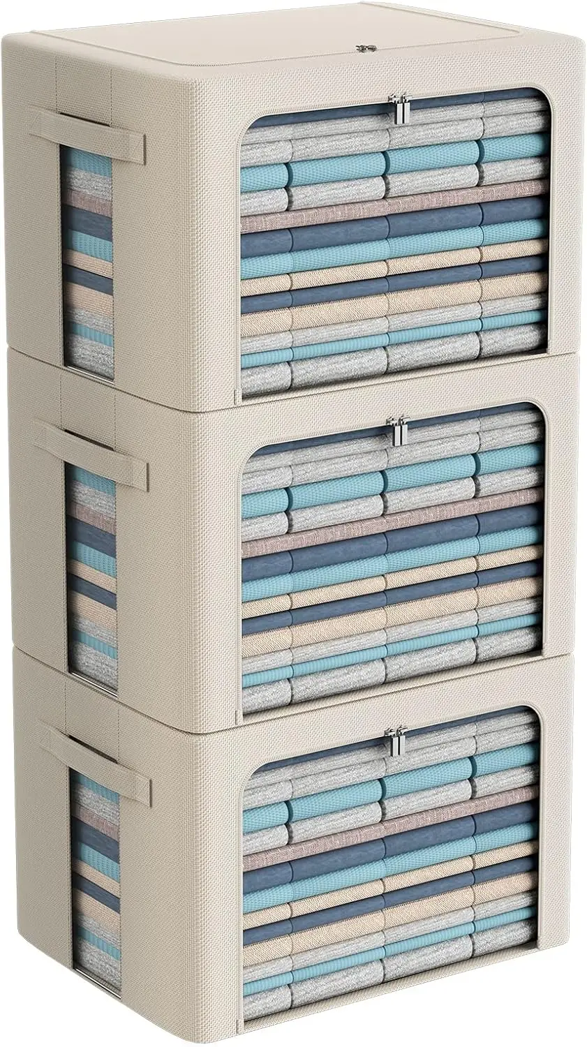 

3 Pack Storage Box with Clear Window, Foldable Stackable Clothes Organizer Bins with Handles, Large 100L