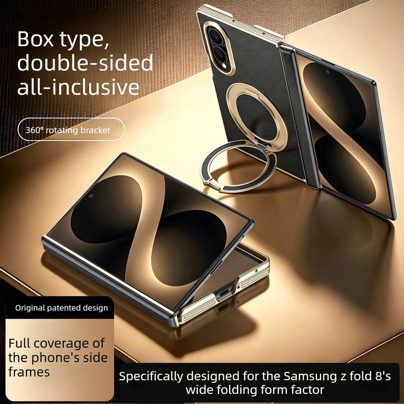 Hinge & Frame Protection Case for Samsung Z Fold 8 Wide Foldable Magnetic Stand,Full Rear Cover,Wrapped Side Frames Leather Case