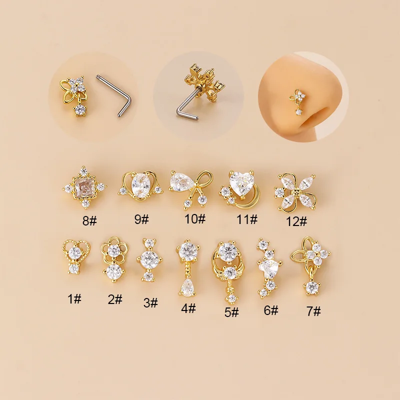 20G L-Shaped Cubic Zircon Nose Stud, Surgical 316L Stainless Steel Nose Lip Ear Piercing Jewelry for Women Girls Trendy