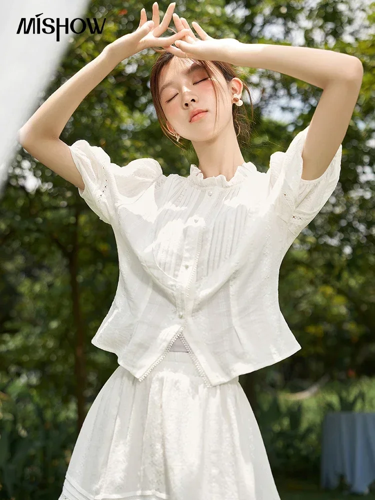 

MISHOW Blouses Skirt Set Separately 2023 Summer Puff Sleeve Ruffle Stand Collar Top Solid Skirts Female Two Piece Set MXC36X0024