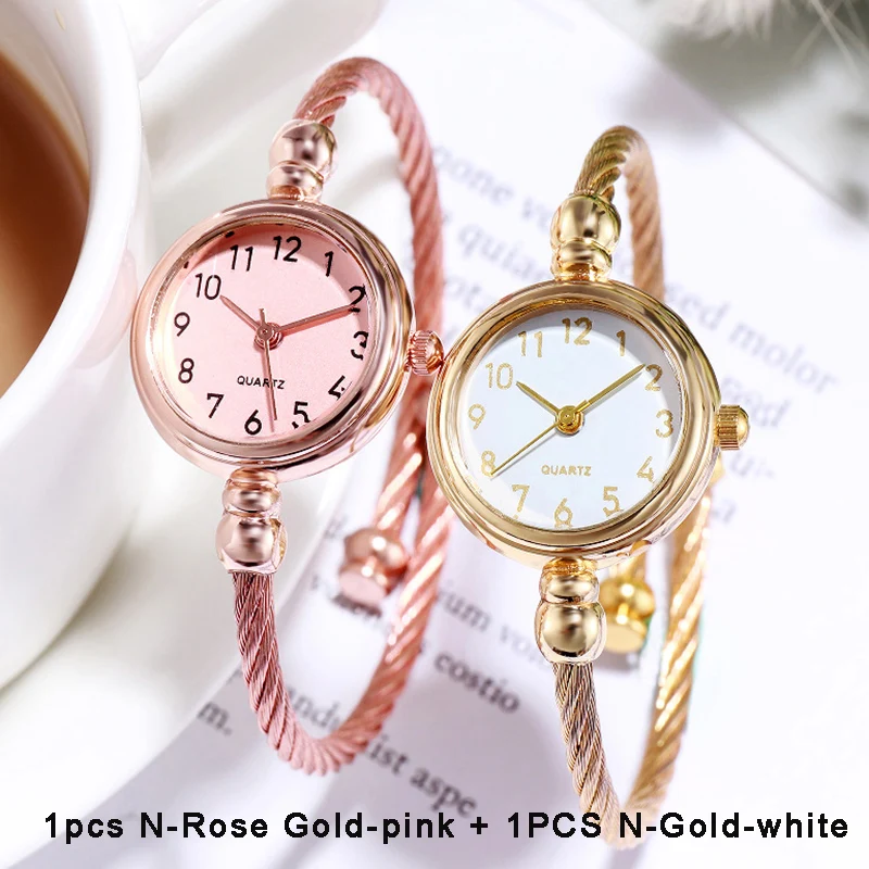 2PCS Fashion Women\'s Watch  Small Gold Bangle Ladies Bracelet Wristwatch Stainless Steel Retro Girls Quartz Watch Female Clock