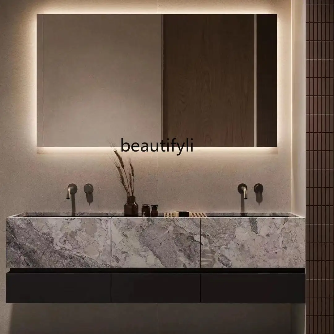 

Japanese-style two-color solid wood oak hand wash cabinet Italian-style high-end hand wash cabinet basin
