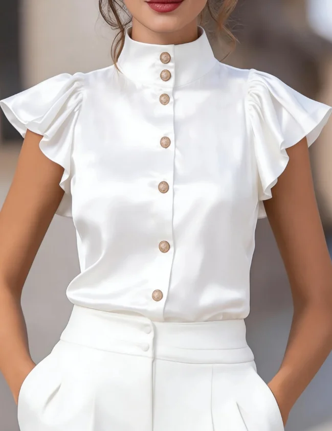 Women's Top 2026 Spring Summer New Satin Solid Color Stand Up Collar Ruffle Sleeve Versatile Casual Daily Shirt Top