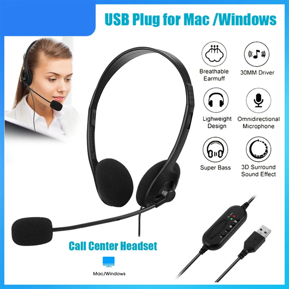 USB Headset with Microphone Noise Cancelling & Volume Control Wired Headphones for Call Center Home Offices Dual Ear Headset