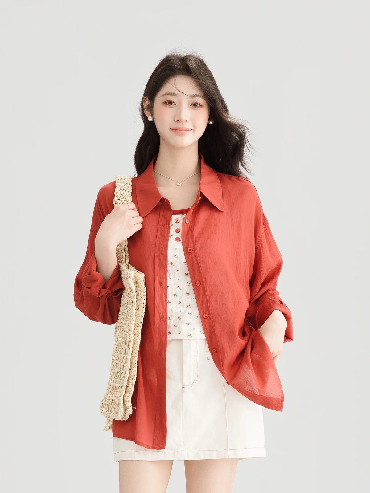 

Mei Ning Summer New Splice Design Floral Print ter A-Line ort Sve Thin Long Sve irt Tee-Piece Set Women's Faion