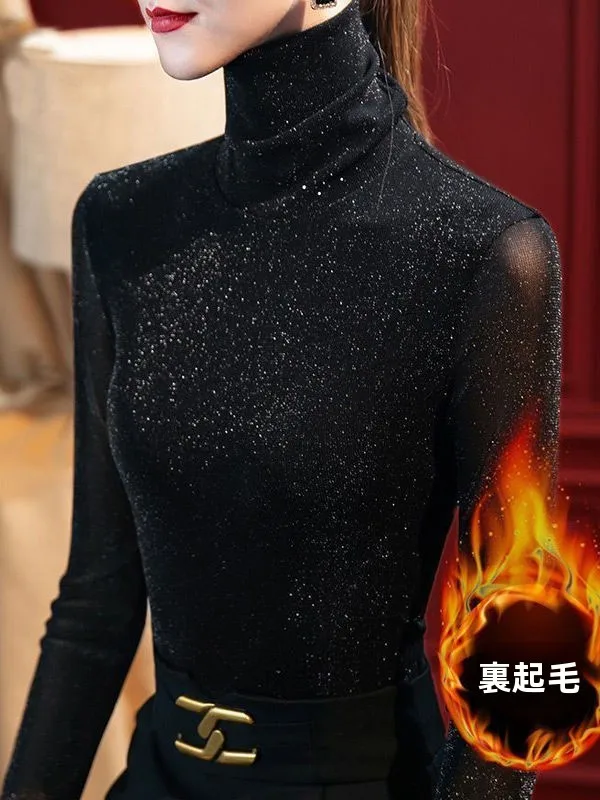 レディースハイカラーメッシュベースシャツ長袖tシャツベルベットパッチワークツーピースセット春秋新作インナーウェア