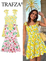 TRAFZA Women New Chic Casual Fruit Printing Off Shoulder Mini Dress Woman Zipper Bow Lace Up Sleeveless Dresses Mujer TRAF