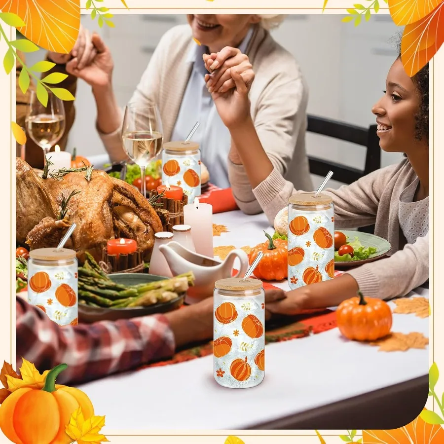 24 قطعة أكواب زجاجية لخريف اليقطين السائبة 16 أونصة تغيير لون الخريف اليقطين أكواب للشرب مع أغطية القش فرش مضحك الخريف تو #6