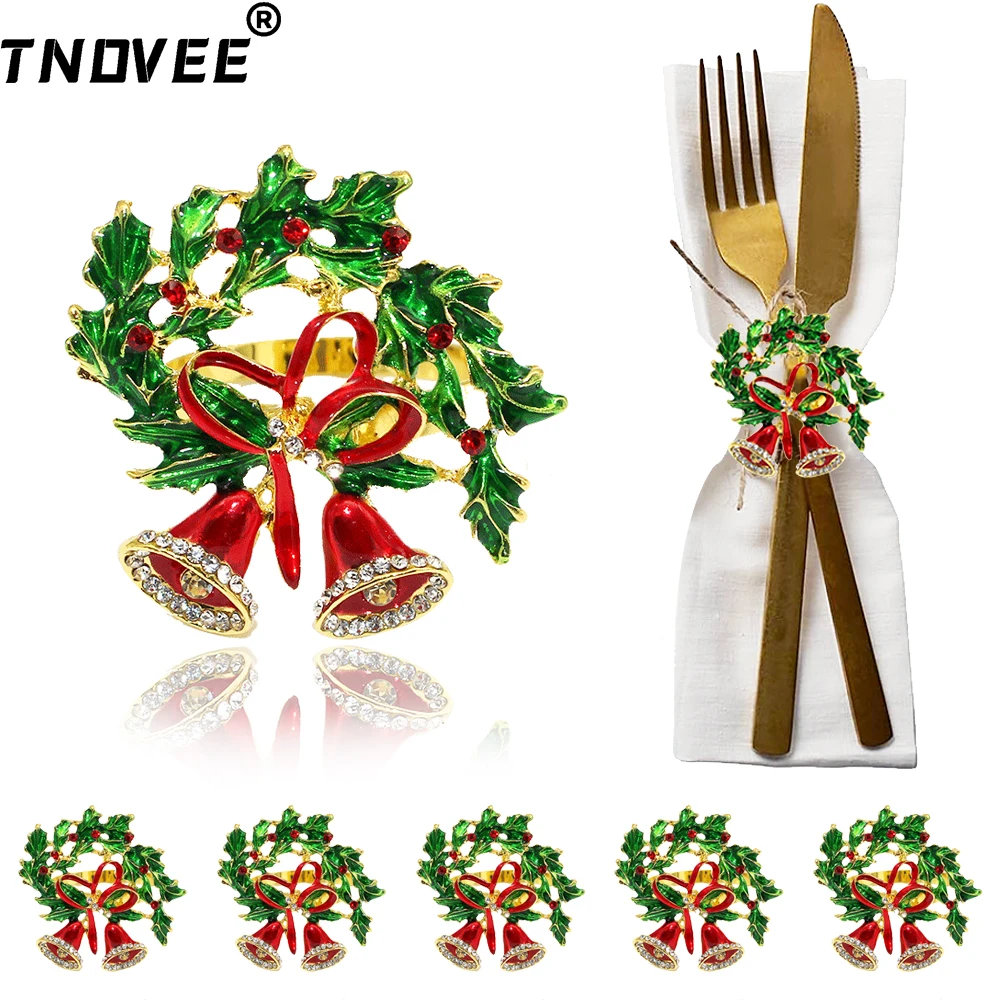 6Pcs Christmas Garland Napkin Rings Wreath Napkin Holder for Christmas Thanksgiving Day Bride Shower Wedding Table Decor ERC192