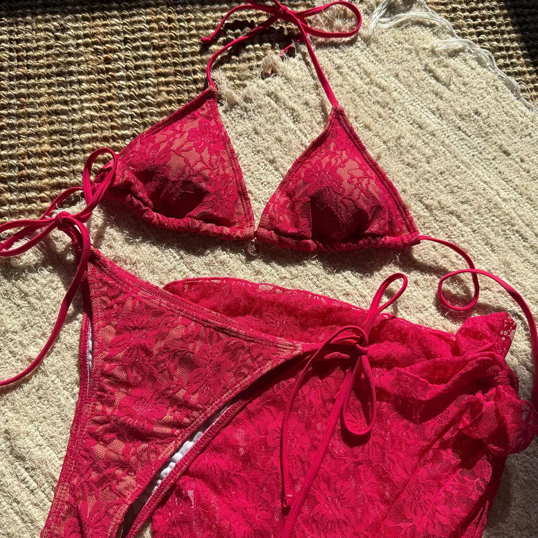Netz-Sarong-Spitzen-Bikini mit Neckholder und hohem Beinausschnitt, Damen-Badeanzug, dreiteiliges Bikini-Set, Badebekleidung, Badeanzug, Schwimmanzug V6284H – Detail 32