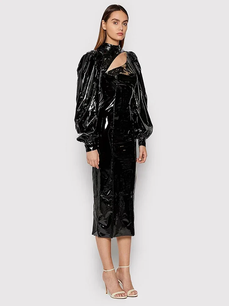 

Gothic Shiny Patent Leather Dress Women Lantern Sleeve Sexy Hollow Out Midi Dress Ladies Faux Latex Party Dress Hem Split Custom