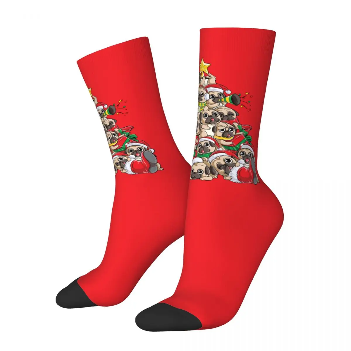 

Retro Pug Christmas Merry Pugmas Xmas Tree Santa Basketball Socks Winter Polyester Long Socks for Unisex Sweat Absorbing