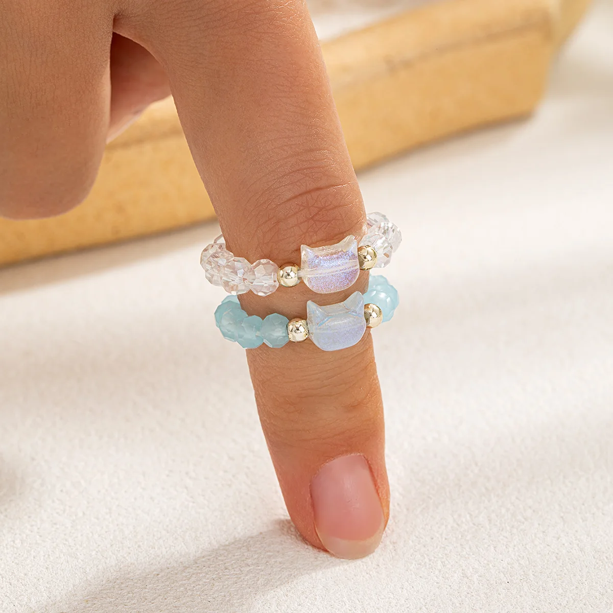 2-piece Two-Tone Cat Beaded Ring Set, Niche Sweet & Cool Style Stretch Rings, Adjustable Couple Rings for Best Friends