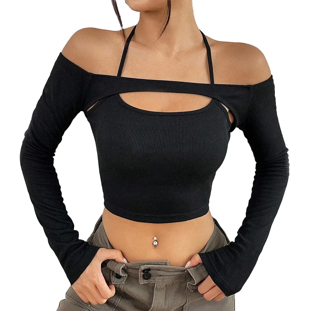 

2024 Autumn/Winter New Women's T-shirt Puss Sexy Off-the-shoulder Slim Short Long-sleeved Hollow-out Crop Top Casual Streetwear