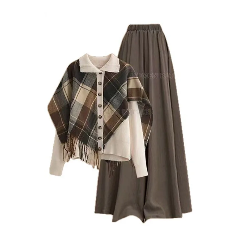 Gefälschtes zweiteiliges Set für Damen, dicke mm-Strickpullover-Strickjacke für Damen, schlankmachende Freizeithose mit weitem Bein und hoher Taille, zweiteiliges Set