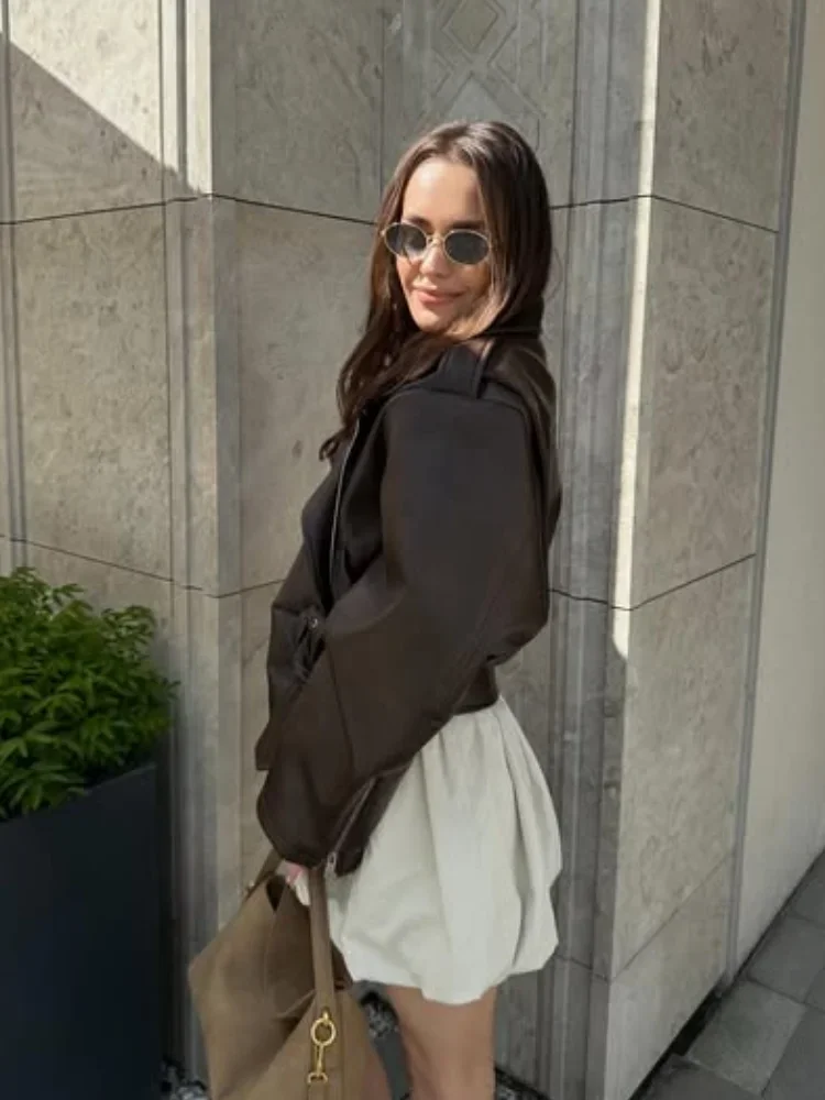 Vintage jednobarevný zip z kožené krátké bundy pro ženy elegantní límec s dlouhým rukávem šněrovací volný kabát podzimní denní highstreet svrchní oblečení - náhled 2