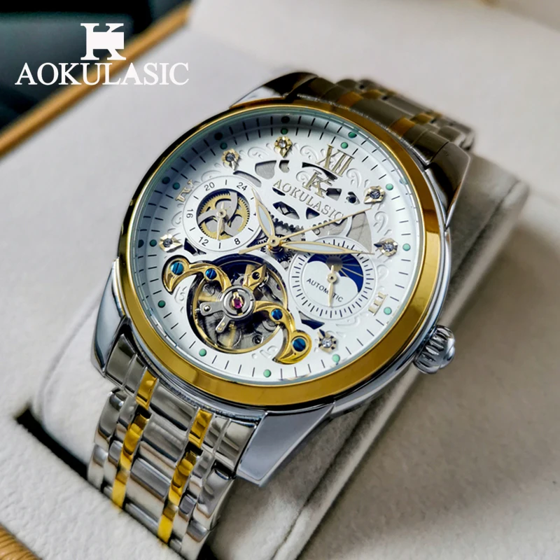 ساعة ميكانيكية فاخرة للرجال من AOKULASIC موضة رياضية مقاومة للماء ساعات أوتوماتيكية للرجال مرحلة القمر توربيون ساعة يد مضيئة