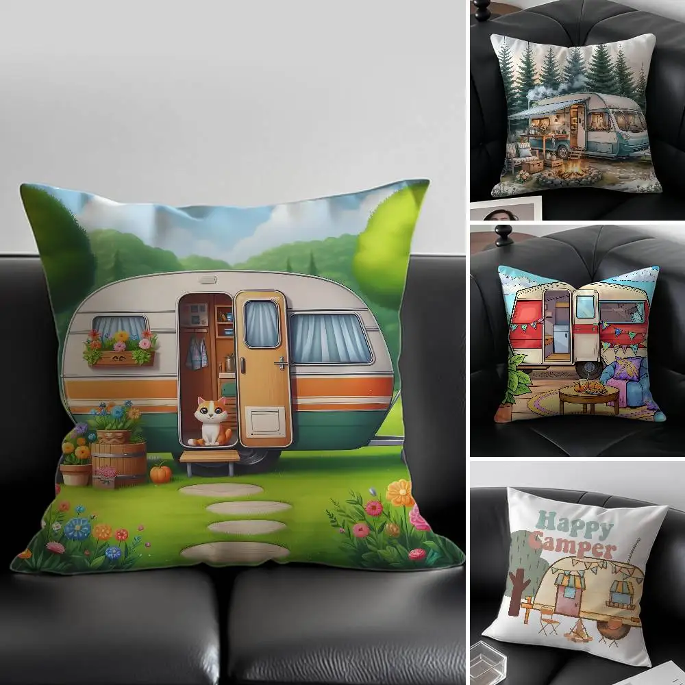 Happy Campers Car Pillow Case Anti-dustmite Invisible Zipper Sofa Bed