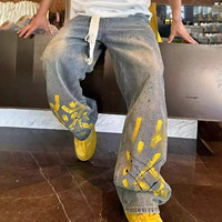 Men'S Casual Distressed Straight Leg Jeans With Hand Painted Ink Print Vintage Wash Denim Pants Jean Slim Fit For Men Trousers